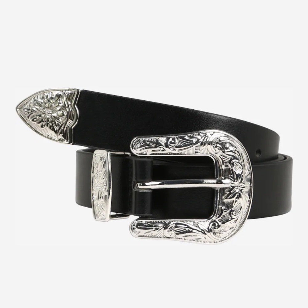 Black Two Silvertone Plated Buckles Western Style Belt